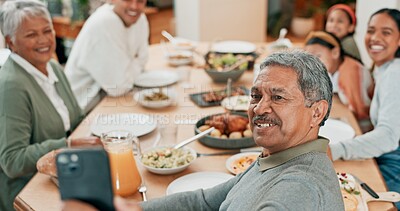 Buy stock photo Family, house and excited with selfie for dinner in table for memories, profile picture and social media. People, grandparents and kids with bonding for love, support and care for thanksgiving