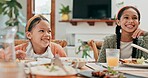 Girls, children and breakfast with smile in kitchen for nutrition, eating for diet or health. Female kids, together and hungry siblings with happiness in home for wellness, relax with family and food