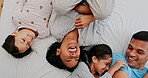 Above, family and kids with love, bed and happiness with humor, laughing and time together. Home, parents and mother with father, children and cheerful with joy, fun or joke with break, care or relax