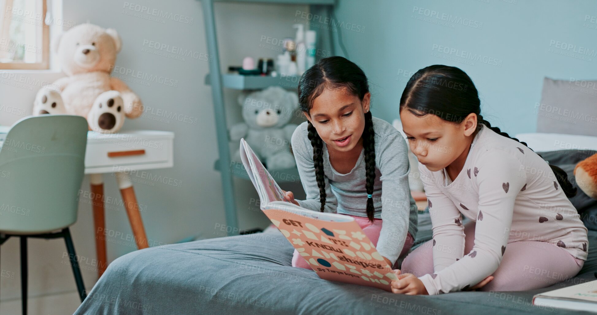 Buy stock photo Book, siblings and bedroom with story, reading and learning about storytelling and literature in home. Education, study and kids together with support, development and fantasy tale for language