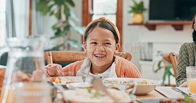 Buy stock photo Girl, home and kid with lunch, food and happiness with family, time together and cheerful. Fun, apartment and healthy meal with child at table, nutrition and smile with break, joy and funny with joke