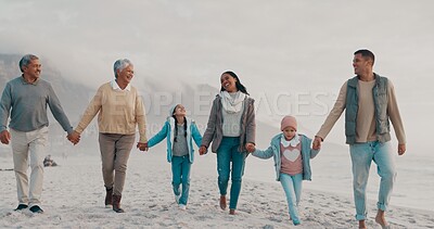 Buy stock photo African family, holding hands and ocean holiday with happiness or wellness, together for travel with support. People, beach and chain on vacation with love or trust, smile for freedom in Costa Rica