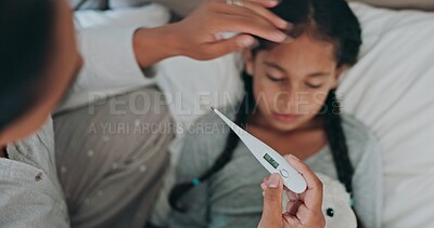 Buy stock photo Thermometer, sick and mother with child in home for recovery of flu, cold or allergies in bed. Illness, temperature and mom checking girl kid for fever in bedroom for treatment at family house.