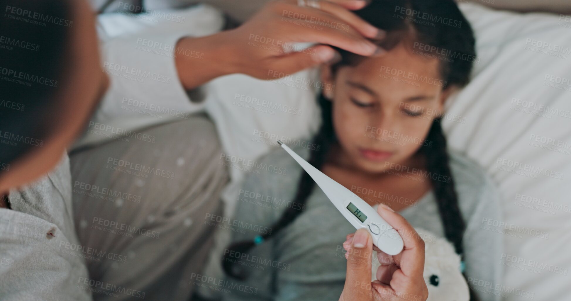 Buy stock photo Thermometer, sick and mother with child in home for recovery of flu, cold or allergies in bed. Illness, temperature and mom checking girl kid for fever in bedroom for treatment at family house.