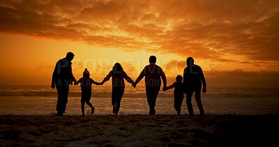 Buy stock photo Sunset, silhouette and family holding hands with back, kids and love by the beach with support on holiday. Vacation, shadow and ocean with parents, love and care together of parent and youth by sea