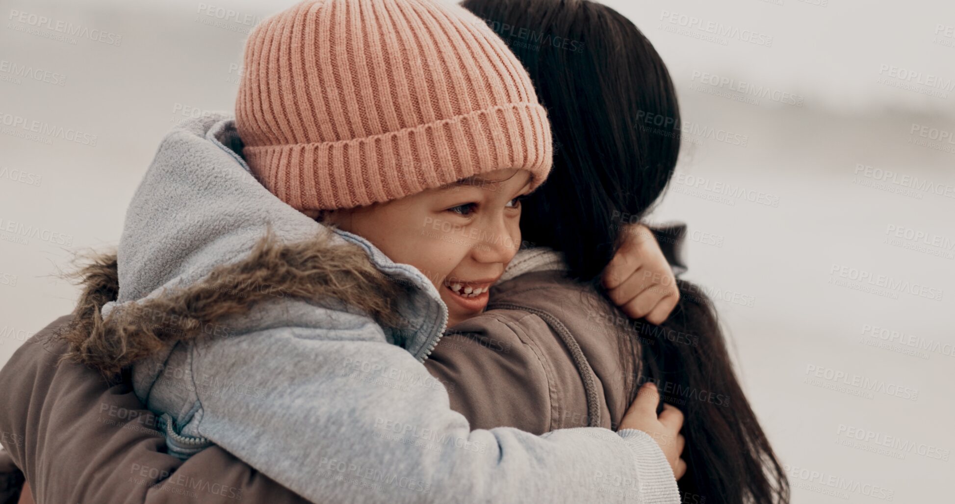 Buy stock photo Mom, girl child and hug in outdoor with happiness for family, love and trust in relationship. Mother, daughter and care with embrace for bonding or wellness, smile for holiday in Puerto Rico