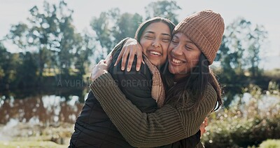 Buy stock photo Happy, girl and friends in nature outdoor for camping, adventure weekend and trail hiking for bonding. Female people, embrace and together in wilderness for exploration, getaway and affection.