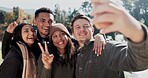 Selfie, happy and friends in nature outdoor for camping, adventure weekend and trail hiking for bonding. People, photography and peace sign together in wilderness for memory, social media and post.