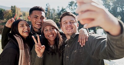 Buy stock photo Selfie, happy and friends in nature outdoor for camping, adventure weekend and trail hiking for bonding. People, photography and peace sign together in wilderness for memory, social media and post.