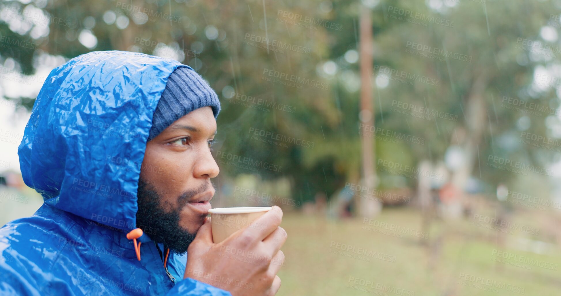 Buy stock photo Coffee, thinking and black man drinking outdoor in winter storm as person for hiking, travel and relax. Beverage, peace and mindfulness in nature for adventure, camping and rain with latte as tourist