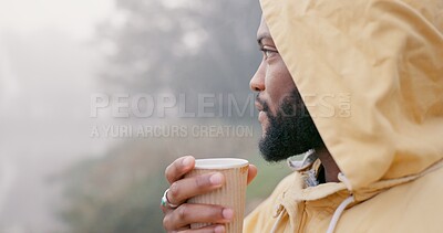 Buy stock photo Coffee, thinking and black man drinking in storm for hiking, travel and relax in morning outdoor in winter. Tea, peace and mindfulness in nature for adventure, camping or rain with raincoat as break