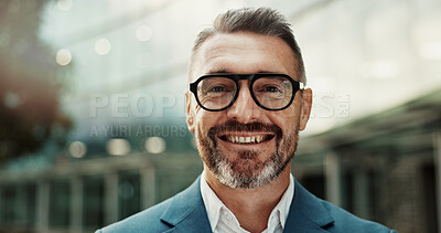 Buy stock photo Happy, city and portrait of business man with confidence, company pride and career. Professional headshot, corporate and face of entrepreneur by office for working, job travel or commute outdoor