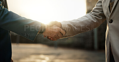 Buy stock photo Closeup, handshake and business people in city, agreement and partnership with welcome, introduction and collaboration. New York, men and employees shaking hands for offer, promotion and cooperation