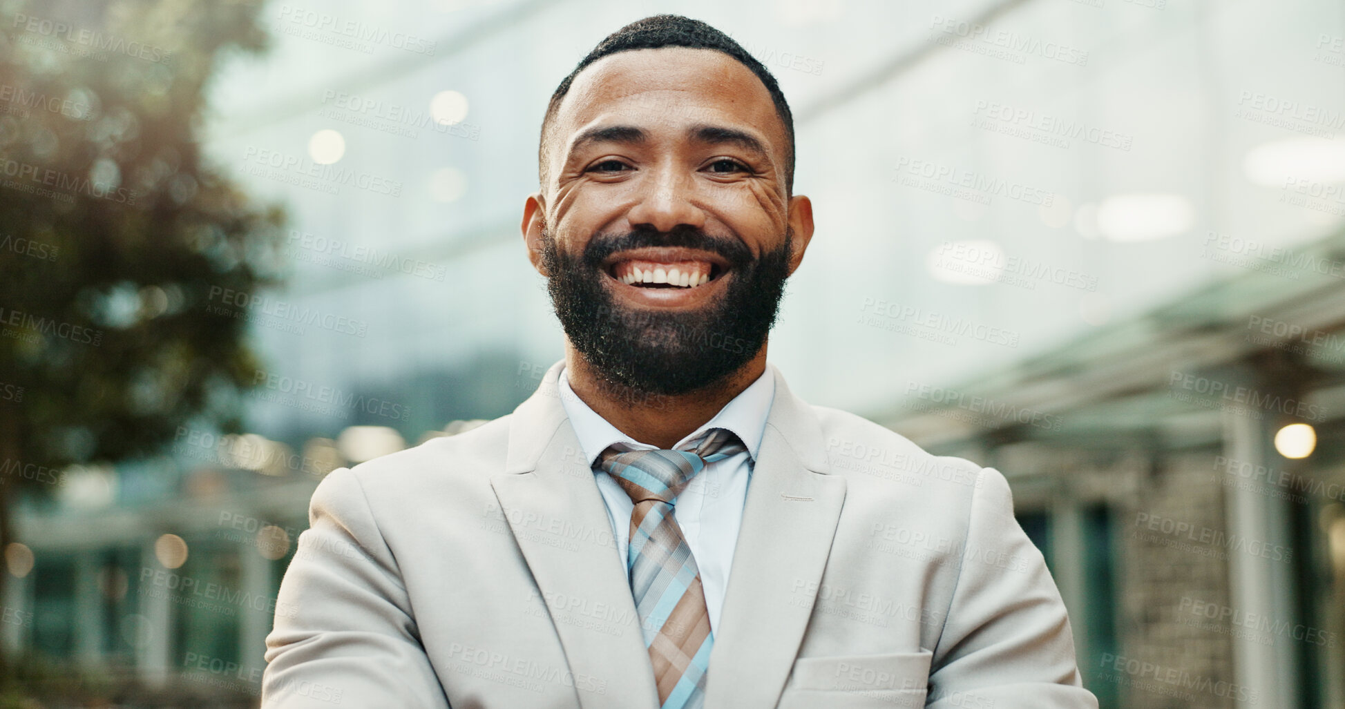 Buy stock photo Happy, city and portrait of business man with confidence, company pride and ready for career. Professional, corporate and face of entrepreneur by office for working, job opportunity and commute