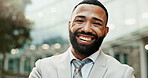 City, laugh and portrait of business black man on morning commute, travel and journey to office. Professional, corporate and face of entrepreneur with confidence, company pride and job opportunity