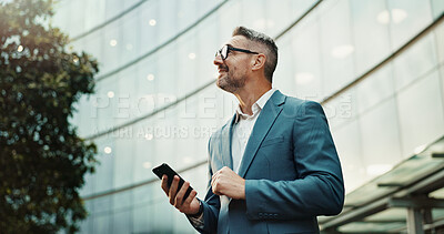 Buy stock photo Mature, thinking and city businessman smartphone, email and news update for social networking online. Technology, website search and corporate career, internet communication and digital or mobile app