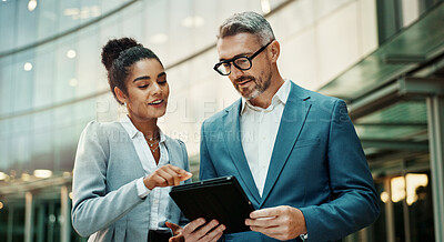 Buy stock photo Business, people and happy with tablet in city outdoor for email with teamwork and collaboration. Employees, communication and review or feedback with partnership and discussion as accountant