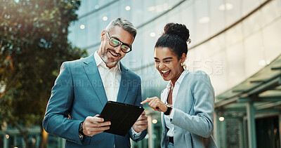 Buy stock photo Business people, tablet and excited outdoor with manager for planning, meeting and travel together. Ceo, woman and technology in city with partnership for research, investment and corporate deal