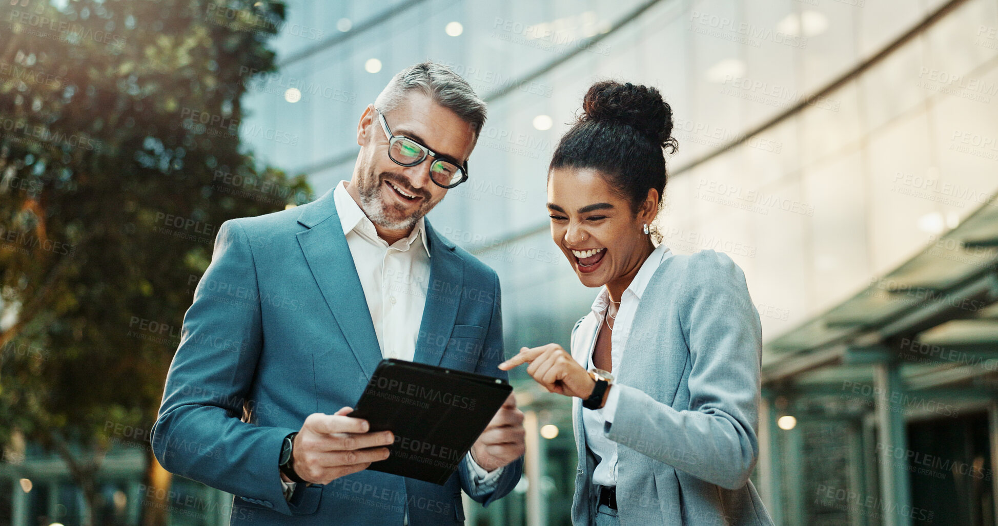 Buy stock photo Business people, tablet and excited outdoor with manager for planning, meeting and travel together. Ceo, woman and technology in city with partnership for research, investment and corporate deal