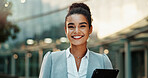 Business, woman and happy portrait in city, outside and confident or smiling with tablet. Corporate career, employees and company pride with technology, social networking and professional review

