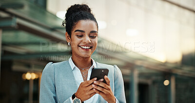 Buy stock photo Woman, outside and texting on business smartphone, email and news update in city for social networking online. Technology, website search and corporate career, internet communication and mobile app