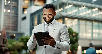 Buy stock photo Black man, business and tablet at building with smile for office innovation, research and corporate news in city. Male accountant, happy and tech for reading with info, update and report for firm