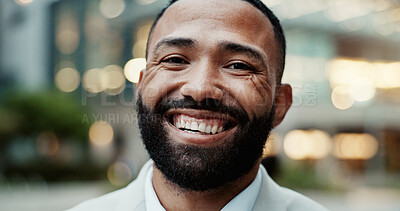 Buy stock photo Happy, city and portrait of business black man on morning commute, travel and journey to office. Professional, corporate and face of entrepreneur with confidence, company pride and job opportunity