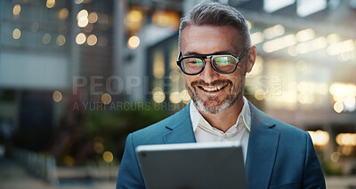 Buy stock photo Business, night and man with tablet, typing and online reading for financial news, typing and smile. Mature person, accounting and employee with tech, check stock market and investment report in city