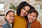 Portrait, woman and kids with hug on sofa for weekend, appreciation and safety in family at home. Mom, love and happy with affection of children in living room for motherhood, support and connection