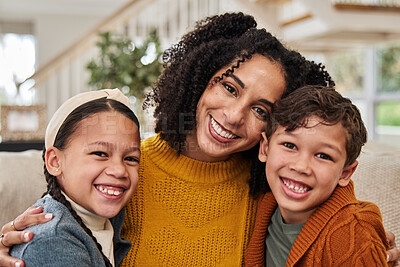 Buy stock photo Portrait, woman and kids with hug on sofa for weekend, appreciation and safety in family at home. Mom, love and happy with affection of children in living room for motherhood, support and connection