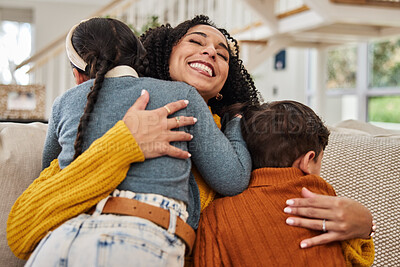 Buy stock photo Portrait, mom and kids with hug on sofa for gratitude, appreciation or safety in family at home. Love, woman and happy with affection of children in living room for motherhood, connection and support