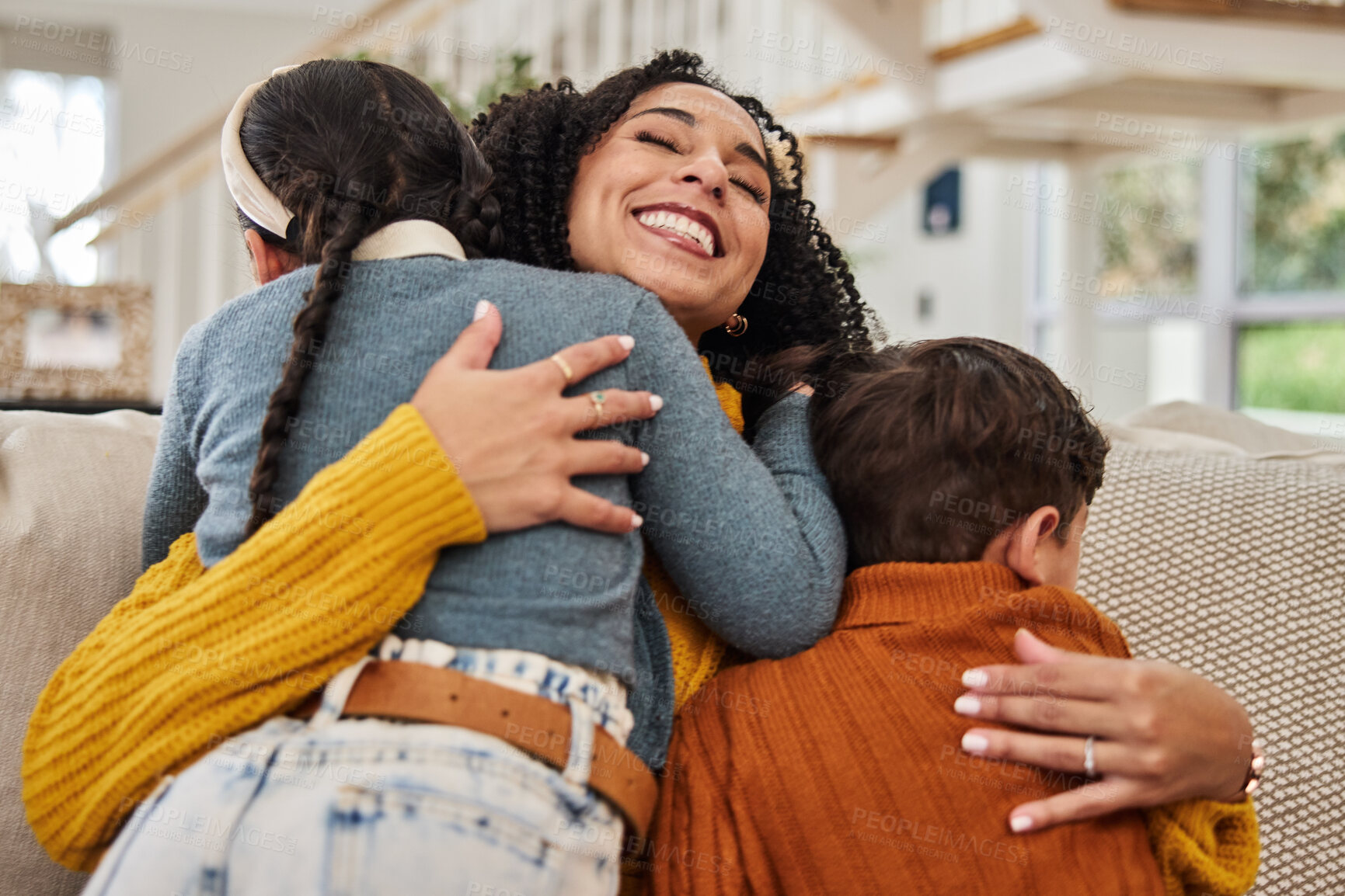 Buy stock photo Portrait, mom and kids with hug on sofa for gratitude, appreciation or safety in family at home. Love, woman and happy with affection of children in living room for motherhood, connection and support