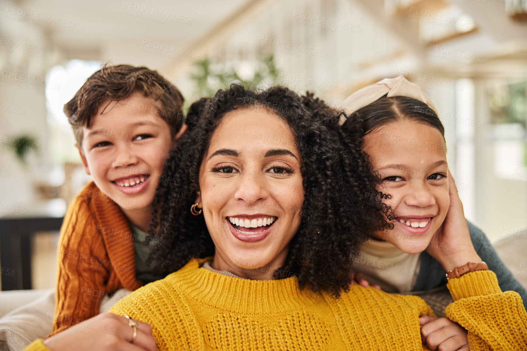 Buy stock photo Happy woman, kids portrait on sofa for love, weekend fun and relationship development at home. Mother, children and relax on couch with growth, excited and hug for support or care in modern house