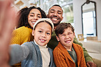 Selfie, happy family and portrait in home with parents, kids and lounge in bonding together. Mom, dad and siblings in house for memory, photography and expression for childhood, nurture and growth