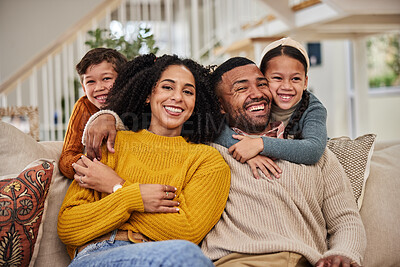 Buy stock photo Happiness, portrait of family and hug on sofa for love, weekend fun and relationship development at home. Mom, father and kids on couch with smile, excited and together for support in modern house