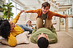 Family, man and lift child for airplane, playful and portrait of boy in living room. Parents, kids and fantasy game in home for bonding, love and trust in relationship with balance, fun and support