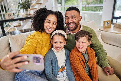 Buy stock photo Selfie, happy family and expression in home with childhood, nurture and lounge in bonding together. Mom, dad and siblings in house for memory, photography and funny faces for parents, kids and growth