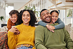 Happy family, portrait and relax on sofa for love, weekend fun and relationship development at home. Mother, father and kids on couch with growth, excited and hug for support or care in modern house