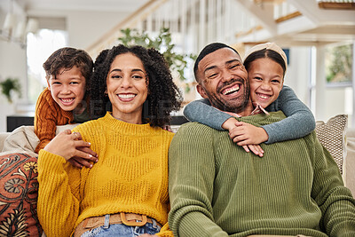 Buy stock photo Happy family, portrait and relax on sofa for love, weekend fun and relationship development at home. Mother, father and kids on couch with growth, excited and hug for support or care in modern house