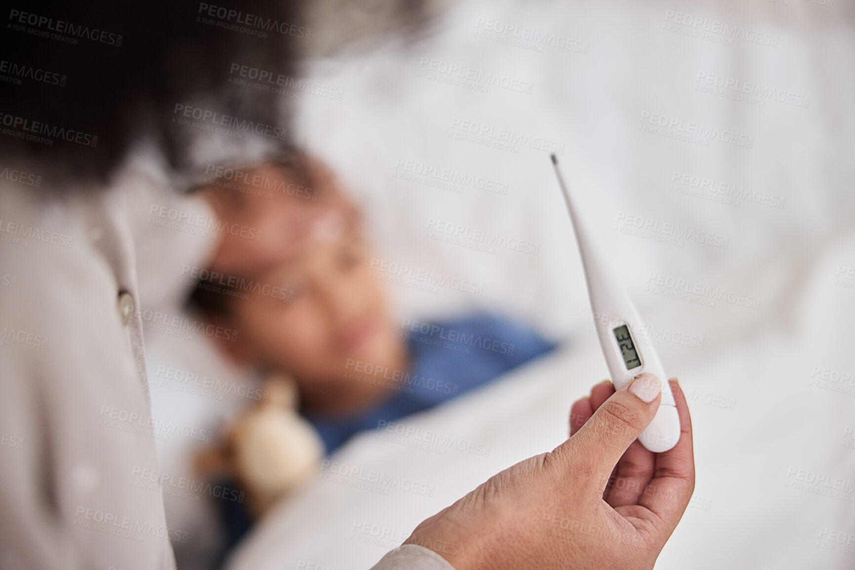 Buy stock photo Hands, mom and thermometer for child with flu in bed at home with high temperature. Parent, kid and sick in bedroom for healthcare with support, care and love for cold, fever and medical issue