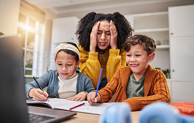 Buy stock photo Mom, stress and kids with homework, laptop and burnout or tired for multitasking in home. Children, mother and headache for difficult assignment, deadline and homeschool crisis with computer webinar