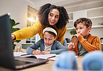 Mother, children and laptop for homework in house, family and child development on website or book. Kids, watching and creativity lesson for education, streaming and elearning with woman assistance