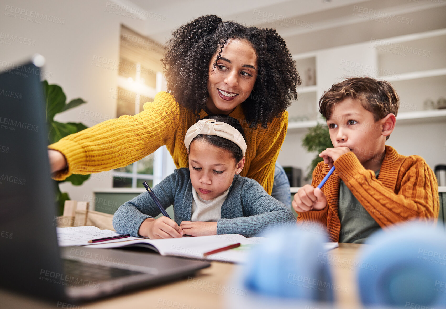 Buy stock photo Mother, children and laptop for homework in house, family and child development on website or book. Kids, watching and creativity lesson for education, streaming and elearning with woman assistance