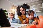 Homework, mother and children with smile, education and happiness with time together, relax and joy. Family, apartment and adhd with mother, kids and students with headphones, documents and learning