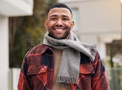 Buy stock photo Outdoor portrait, man and fashion for winter with style inspiration, organic fabric and cotton scarf in home. Male person, happy smile and warm clothes for cold climate, ethical brand and wellness