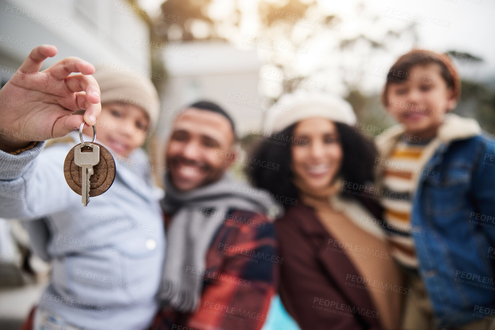 Buy stock photo Family, hand and children with keys for real estate mortgage, new home and moving in neighborhood. Mother, father and kids portrait with security for future property investment and outdoor house