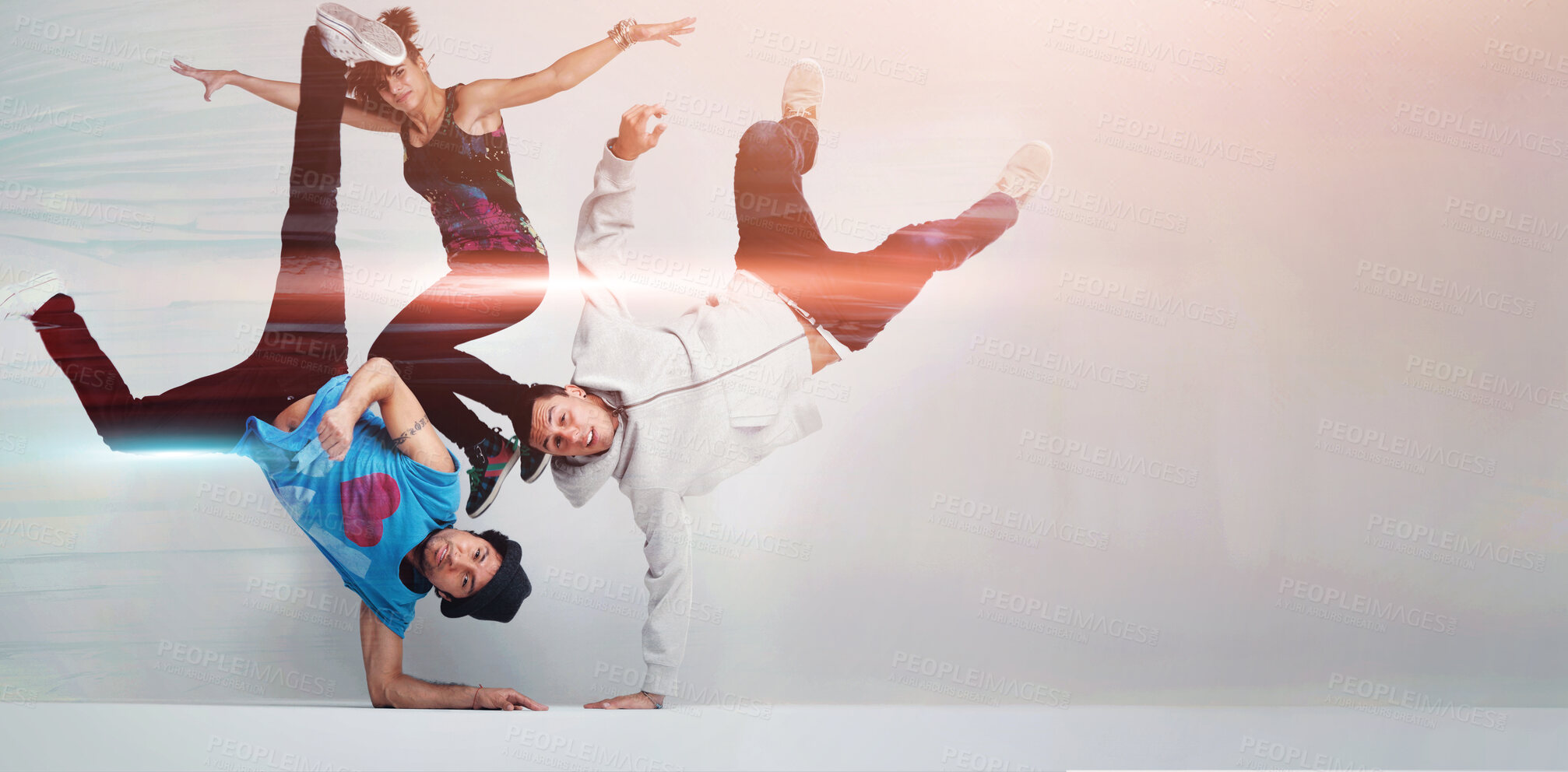 Buy stock photo Portrait of a group of young hip hop dancers showing different dancing poses