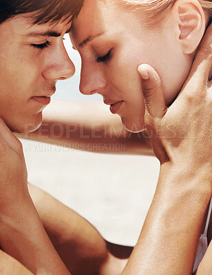 Buy stock photo Love, couple and forehead touch at beach for romantic relationship, commitment and loyalty to partner. Man, woman and embrace together for connection, support and trust on date for holiday closeup