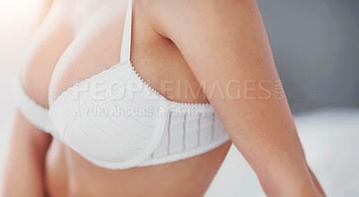 Buy stock photo Closeup, sexy and lingerie with boobs of woman in bedroom for sensual, confidence or fashion. Relax, temptation and desire with breasts of girl in underwear in house for sexuality, flirting or sexual