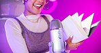 Hands, ASMR and book with microphone, woman and neon lights with podcast, content creation and tech. Home, pages and audio for stress relief with happy woman influencer with recording for sound